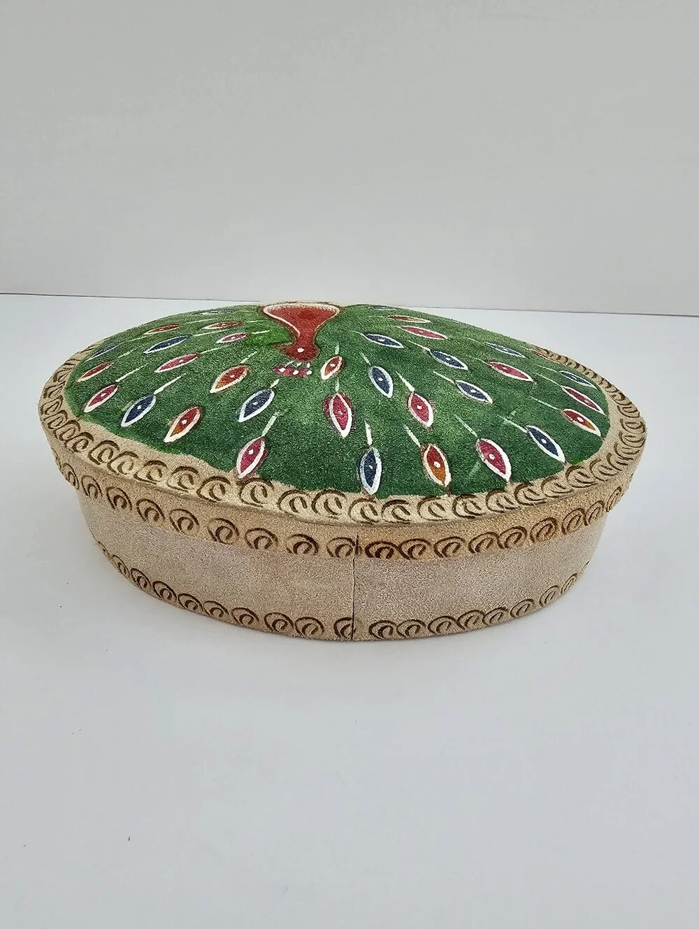 Vintage Tooled Suede Leather Peacock Trinket Box Personalized Adriene Red Velvet